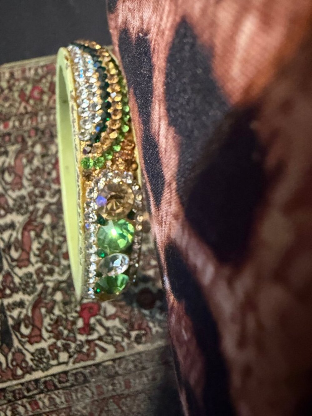 Wide Green Clear Champagne Rhinestone Bangle 2.75in